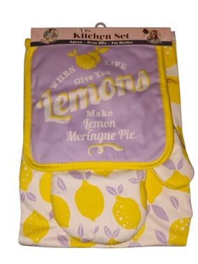 Lemons Kitchen 3-Piece Set - Yellow & Lavender Apron Oven Mitt Pot Holder